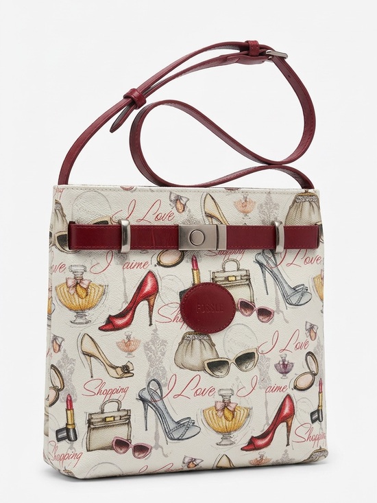 Fashion Escale Handbags - Preowned Fashion Escale Women's Cream Printed Crossbody Bag with Red Trim